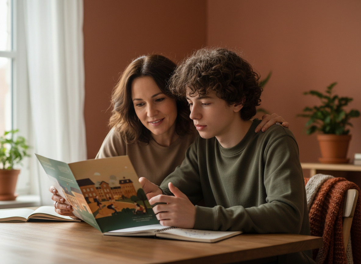 A parent and student exploring school information together