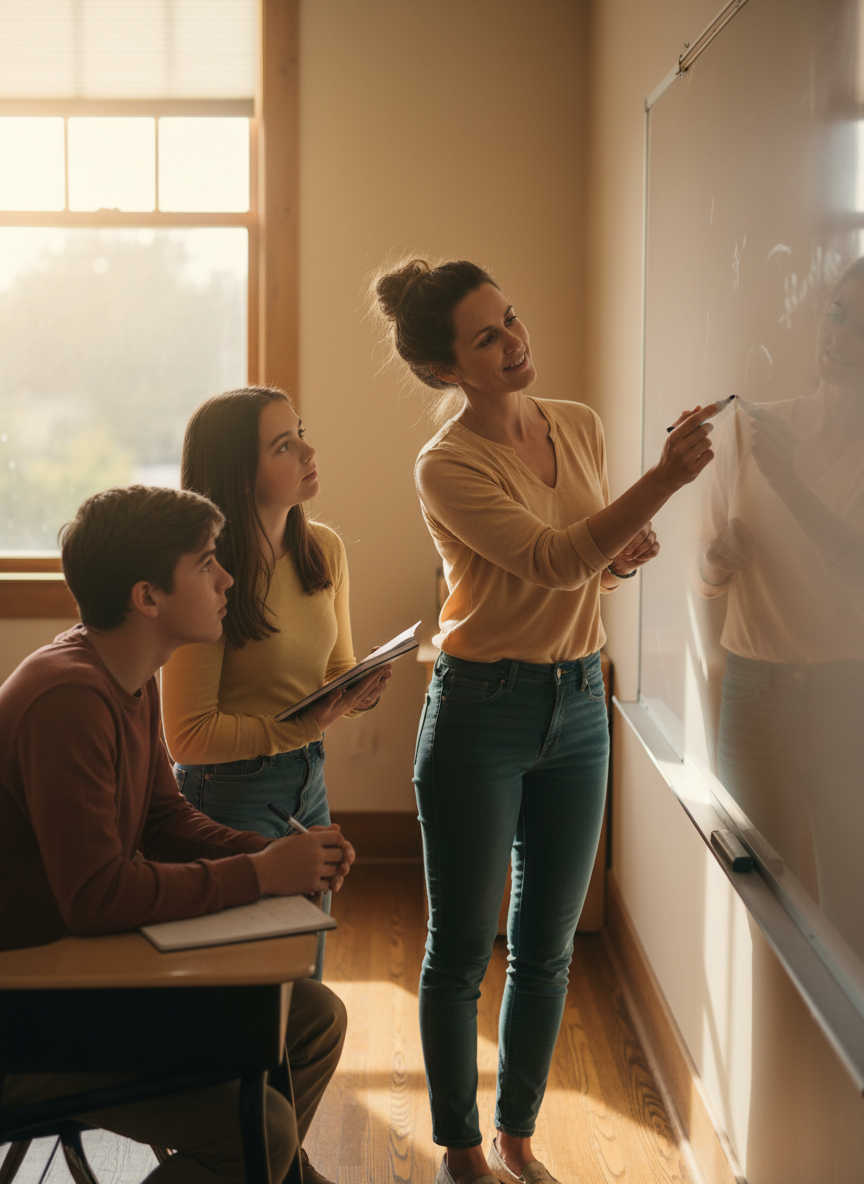A teacher guiding students through a lesson in a sunlit classroom